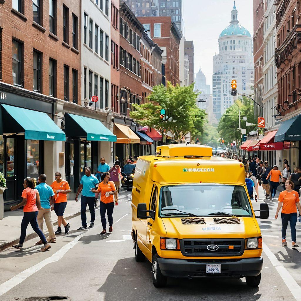 A lively and organized scene showing a diverse team of delivery personnel joyfully interacting with customers in a bright, bustling city environment. Showcase delivery vans adorned with cheerful colors, navigating through a sunny street filled with friendly pedestrians. Include elements representing efficiency like GPS maps, delivery schedules, and packages in a state of joy. super-realistic. vibrant colors. white background.