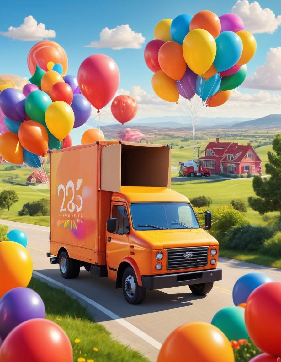An animated delivery truck zooming through a sunny landscape filled with colorful balloons and smiling faces. In the background, a digital clock shows speed and efficiency in shipping. The foreground includes cheerful packages with playful expressions. Bright, inviting colors to evoke happiness and excitement about fast shipping solutions. vibrant colors. cheerful cartoon style.