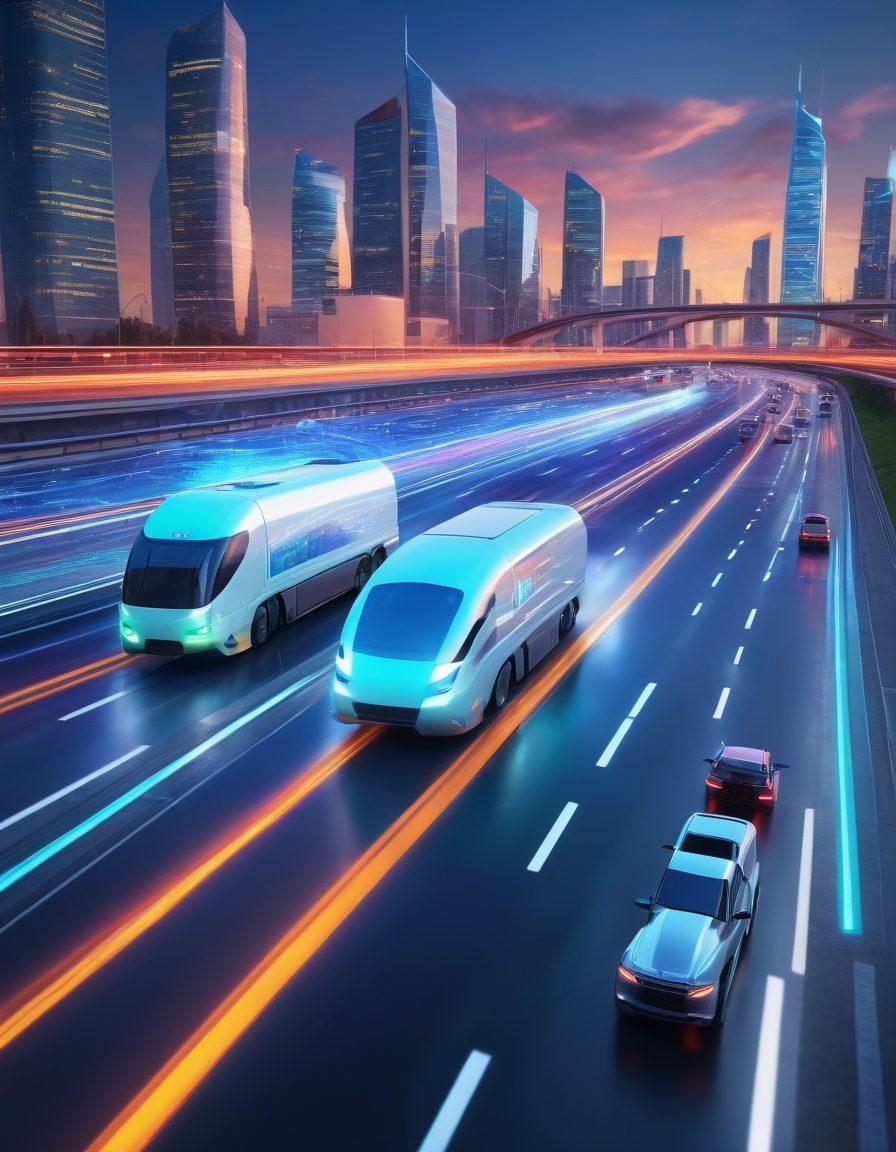 A futuristic city skyline with sleek, super-fast transport vehicles zooming along highways. In the foreground, a glowing digital map displays various logistics routes, integrating a network of delivery drones in the sky. Vibrant colors emanate from illuminated traffic signs and the bustling activity of people involved in logistics. Add visual indicators of speed and efficiency with motion blur effects. 3D rendering. vibrant colors.